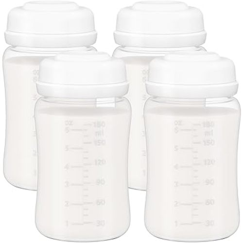 6oz Wide-Mouth Breastmilk Storage Bottles with Two-Pieces Sealing Cap, Leak-Proof Design, No-Fade Reading Marking, Compatible with Spectra S1 S2 9 Plus, Motif Luna, and Most Wide-Mouth Flanges, 4 Pack