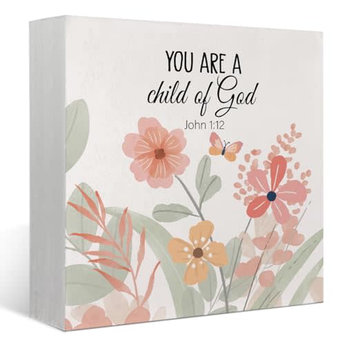 FLVGE Christian Bible Verse Boho Nursery Decor, Christian Religious Decor Gift, You Are A Child of God Quote Motivational Wooden Box Block Sign Decor for Home Desk Shelf,5x5
