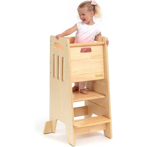 OCODILE Toddler Tower with a Sliding Door and 3 Adjustable Heights - Safe Toddler Kitchen Stool Helper with Support Feet - Updated Design for 18+ Months to 6-Year-Old Kids - Varnished
