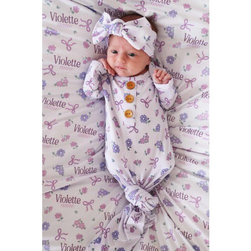 Ribbon & Roses Newborn Baby Knot Gown & Hat Set | Purple