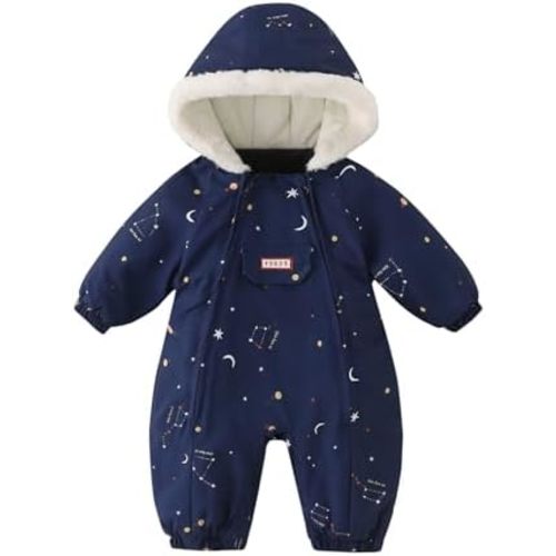 JiAmy Baby Snowsuit Newborn Printed Winter Clothes Outfit Infant Boys Grils Hooded Double Zippers Jumpsuit Onesie Coat