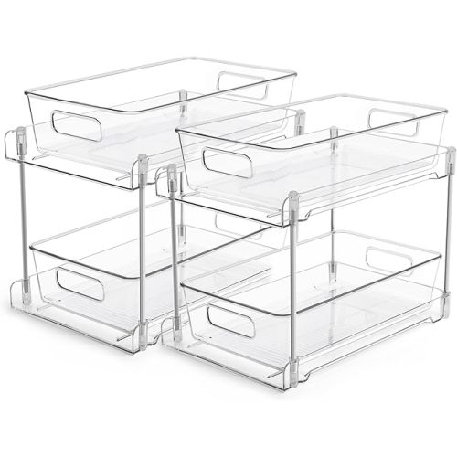 Vtopmart 4 Pack Bathroom Organizer, 2 Tier Clear Under Sink Organizers Vanity Countertop Storage Container,Cabinet Drawers Bins, Pull-Out Organization with Track for Pantry, Kitchen