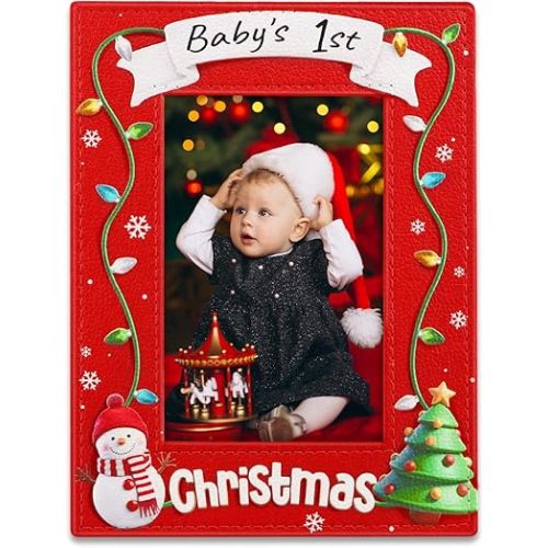 PETCEE Baby First Christmas Gift - 4"x 6" Leather Baby 1st Christmas Picture Frame Vertical 2024 My First Xmas Photo Frame for Babies Granddaughter Grandson Family Friends