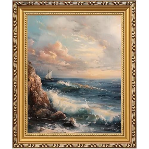MIEVU Gold Framed Wall Art Vintage - Canvas Wall Art Prints for Living Room Decor Bedroom Home Bathroom, 8x10in Coastal Beach Sailboat Frame Wall Decor (Coastal 13)