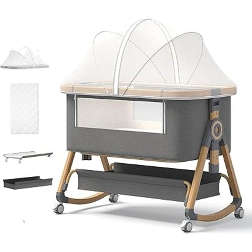 Baby Bassinet, 4 in 1 Bedside Cribs with 4D Air Fiber Mattress & Mosquito Net, Waterproof Mattress Bedside Sleeper Baby Cot with Height Adjustment & Storage Basket, Light Grey