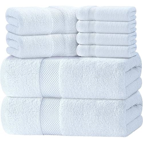 Luxury White Bath Towel Set of 8 Pieces - 100% Turkish Cotton Highly Absorbent Towels for Bathroom, 2 Luxury Bath Towels 700GSM, 2 Hand Towels, 4 Washcloths