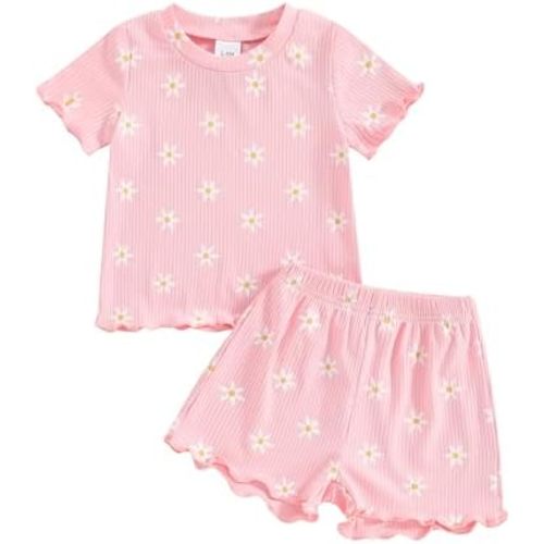 Kupretty Toddler Baby Girl Summer Clothes Ruffle Ribbed Knit Short Sleeves T-Shirt Tops + Shorts Cute Outfits Set