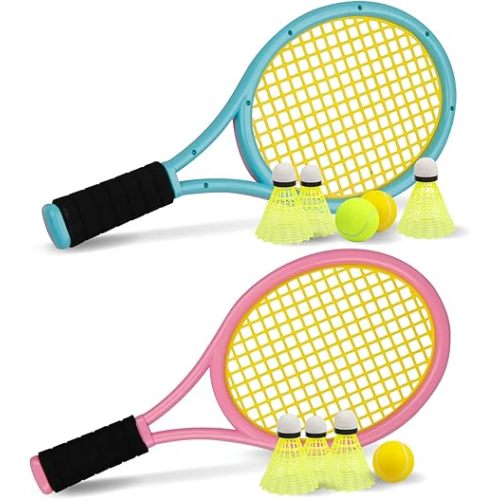 Crefotu Kid Tennis Racket Set for Toddler,Children,Sponge Handle, includes 6 Badminton, 1 Tennis Ball, Bag and 2 Balls - Increase Children's Sports,Improve Tennis Skills