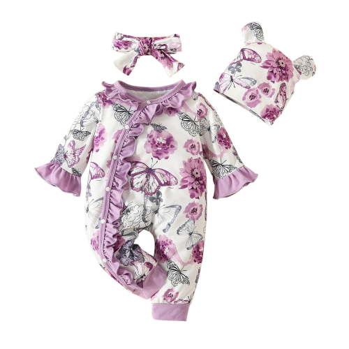 0 Months Baby Girl Clothes Ruffle Floral Infant Newborn Baby Clothes For Girls Zip Baby Girl Romper Jumpsuit with Headband Purple