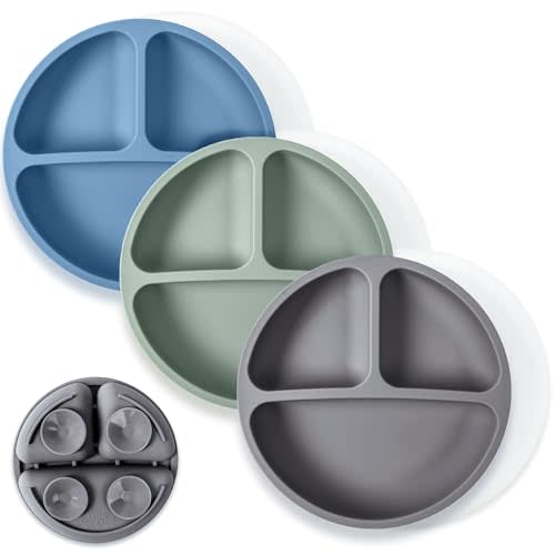 WeeSprout Suction Plates with Lids for Babies & Toddlers - 100% Silicone, Dinnerware Stays Put, Divided Design for Picky Eaters, Microwave & Dishwasher Friendly, 3 Pack