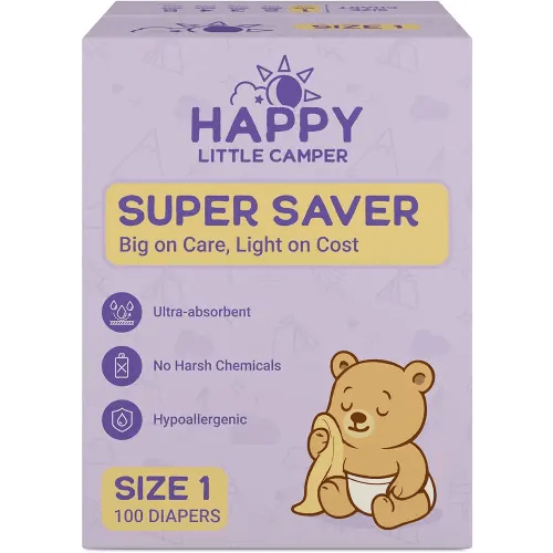 Happy Little Camper Super Saver Diapers, Size 1, 100 Count | Budget-Friendly Disposable Baby Diapers for Sensitive Skin | Hypoallergenic, Fragrance-Free, Ultra Absorbent