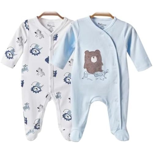 Baby Boy Footed Romper pack of 2，100% Cotton Snap Footies for 0-12 Months, Cute patterns Baby Boy Clothes