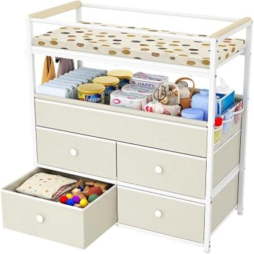 Baby Diaper Changing Table Dresser with Safety Bumper and 4 Drawer