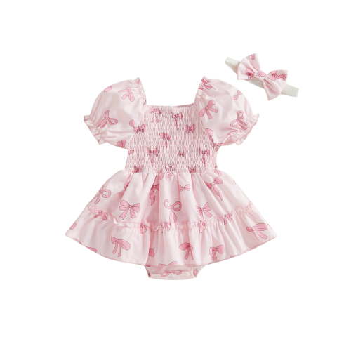 Suealasg Baby Girl Romper Dress Bow Print Puff Short Sleeve Jumpsuit Headband Set Infant Summer Clothes