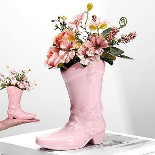 5.9 Inch Cowgirl Boot Vase for Book Shelf Ceramic Cowboy Decoration Arrangements Nice Western Country Accent Vase Unique Boot Planter for Modern Aesthetic Room Wedding Decor(Pink)