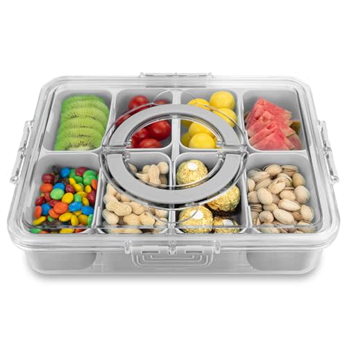 Divided Serving Tray with Lid and Handle,8 Compartments Snacks Box,Snack Fruit and Veggie Tray,Portable Platter for Candy Fruits Nuts Snack Party Entertaining Picnic (1 PCS Grey)
