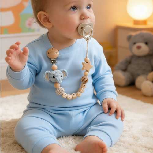 Handmade Crochet Pacifier Clip with Name, Personalized Baby Dummy Chain, Custom Name Baby Dummy Holder, Neutral New Mom Present