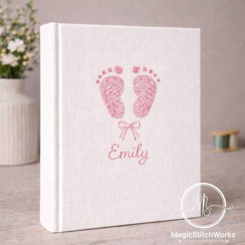 Embroidered Baby Footprint Custom Photo Album, Minimalist White Linen Nursery Style, Pink Feet and Bow Content, Unique Newborn Keepsake Gift