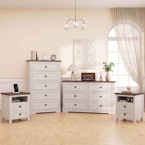 4-Piece Bedroom Set, 6 Drawer Dresser , 5 Drawer Dresser, 2 Pcs Nightstands, Retro Dresser Set for Bedroom & Living Room