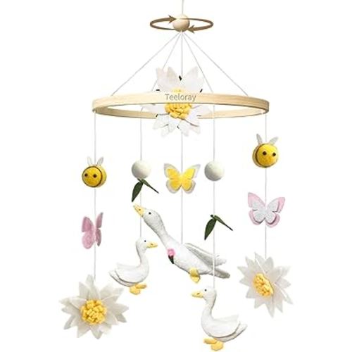 Baby Mobile for Crib Goose Nursery Decor Handmade Felt Crib Mobile for Bassinet One Silly Goose Birthday Decorations Flowers Butterflies Bees Room Hanging Decor Baby Shower Newborn Gifts