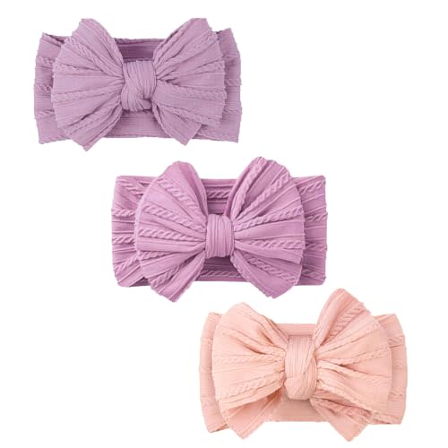 Baby Bows Headbands Soft Nylon Handmade Hair Accessories for Newborn Infant Toddler Kids (3 Mixed Purple, Large)