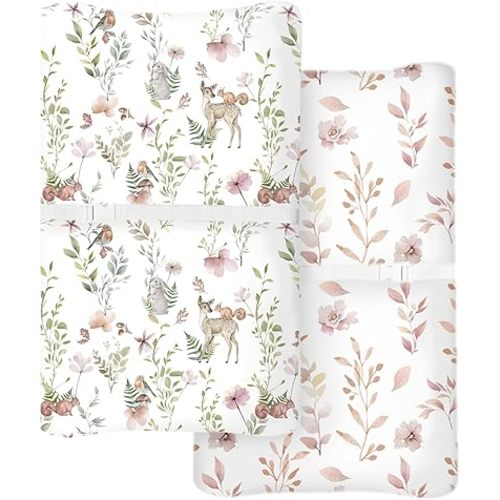 Changing Pad Cover for Baby Boys Girls 2 Pack, Fits Standard 32”×16” Changing Table Pads, Silky Breathable Stretch Knit, Machine Washable (Floral Fawn)