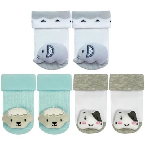 PUPPET Baby Rattle Socks, Cotton Booties, Set of 3, for 0-6Months, Elephants, Sheep, Cat, Cute Animal Themed