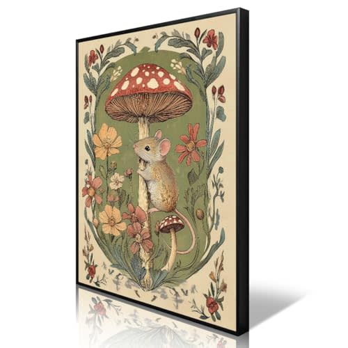 Nursery Animal Canvas Wall Art, Mouse and Toadstool Poster, Rustic Mushroom Mouse Painting, Cozy Folk Art Prints, Countryside Botanical Floral Painting for Kids Room 8x12in Framed