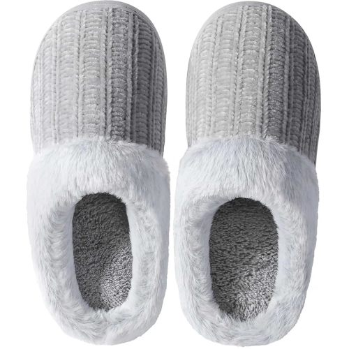 shoeslocker Womens Memory Foam Fuzzy Slippers Knitted House Slippers for Women Comfy Slip-On Warm House Shoes