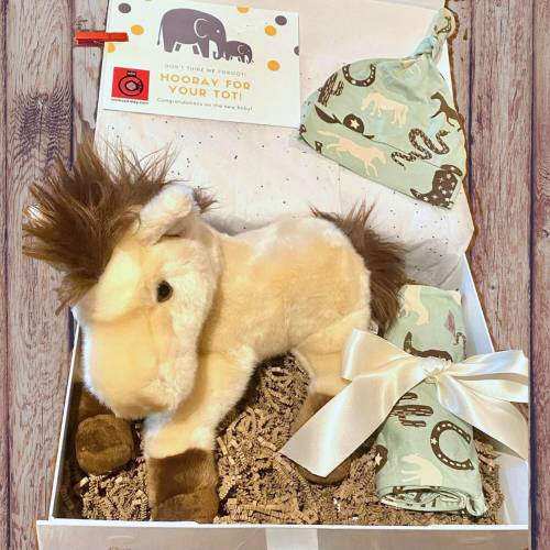 Giddy up Bamboo Swaddle Knotted Gown & Hat Newborn Baby Gift Set-Newborn Baby Gift Set-Stuffed Horse -3 pc Western Baby Gift Set-Shower Gift