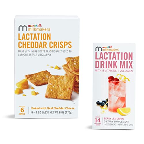 Munchkin® Milkmakers® Lactation Drink Mix Supplement with B Vitamin & Milk Thistle, 14 Count and Lactation Cheddar Crisps for Breastfeeding Moms with Oats and Flax, 6 Count