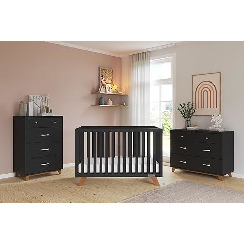 Child Craft Soho Design 4-in-1 Convertible Baby Crib Nursery Furniture Set - Baby Bed, 3 Drawer Dresser, Chest Drawer and Nightstand Desk for Babies, Toddlers and Kids (4 Piece - Ebony)
