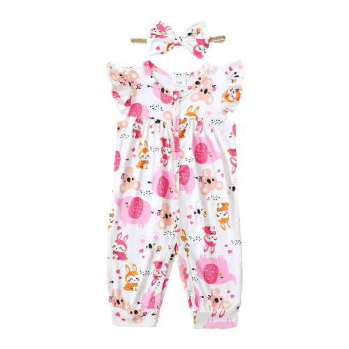 Actgleam Baby Girl Romper Ruffle Sleeveless Animal Print Cute Jumpsuit,Pink Zoo,6-9M