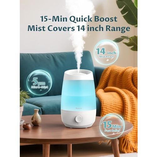 BREEZOME 2.5L Top Fill Humidifiers for Bedroom, 250ml/h Mist Output, 25hrs Humidifiers for Home, 7 Adjustable LED, Essential Oil Diffuser, 25dB Ultrasonic Humidifier for Baby and Indoor Plants, White