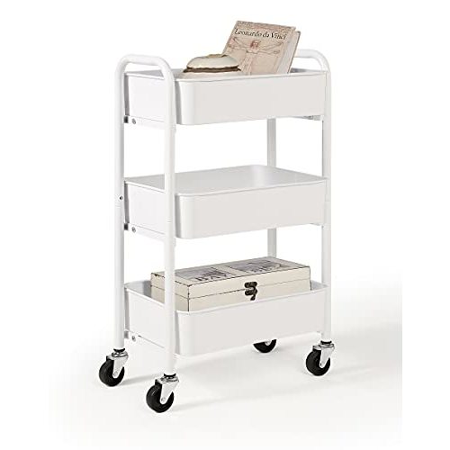 SunnyPoint 3-Tier Delicate Compact Rolling Metal Storage Organizer - Mobile Utility Cart Kitchen/Under Desk Cart with Caster Wheels (WHT, Compact (15.5" X 26.8" X 10.27"))