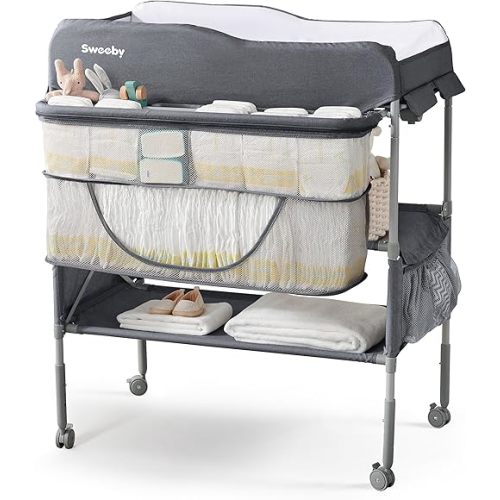 Sweeby Portable Baby Changing Table, Foldable Diaper Changing Station with Waterproof Pad, Mobile Nursery Organizer for Infant & Newborn Essentials, Dark Grey