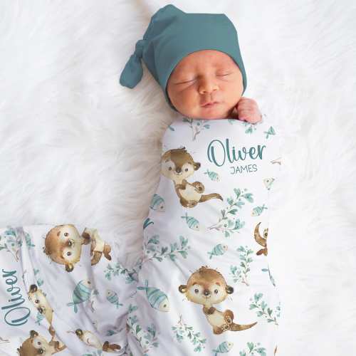 Personalized Otter Swaddle Blanket Sea Name Baby Blanket Fish Newborn Baby Boy Coming Home Outfit Hospital Photo Outfit Baby Shower Gift