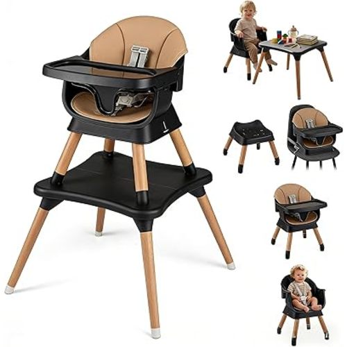 HONEY JOY 9-in-1 Baby High Chair, Convertible Wood Highchair for Babies and Toddlers/Dining Booster Seat/Table & Chair Set, Toddler Stool w/5-Point Safety Harness, Removable Cushion & Tray (Coffee)