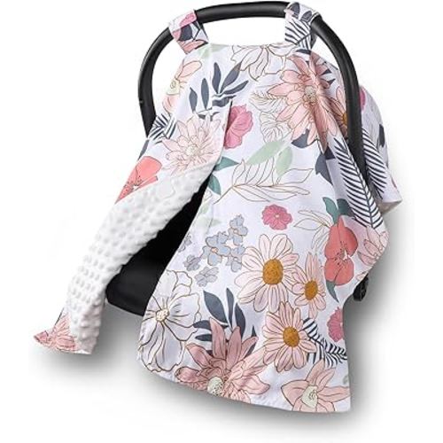 HNHUAMING Car Seat Cover Baby, Infant Car Seat Canopy Covers for Newborn Girls Boys, Soft Breathable Minky Carseat Covers Stretchy Multi-Use Nursing Cover for Stroller Baby Car Seat, Daisy Flroal