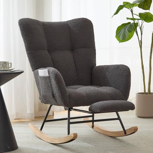 ETCZOYE Nursery Rocking Chair Teddy Upholstered Reading Glider Rocker with Footrest Accent Chair with High Backrest Armchair Comfy Side Pocket Chair for Living Room, Bedroom, Offices (Large Grey)