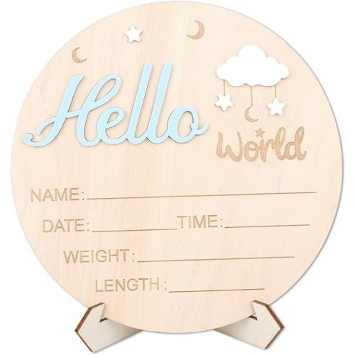 Baby Announcement Sign, Wooden Hello World Newborn Sign Cute Welcome Baby Name Board for Girls Boys Photo Props Hospital Nursery Decor