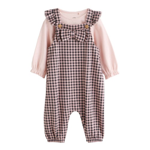 Pointelle Bodysuit & Bow Accent Check Overalls Set, 3-6M