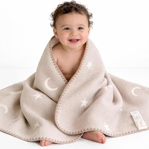 ABABY Quilted Cotton Baby Blanket – Soft Breathable Neutral Baby Blanket for Newborns, Crib, Stroller & Tummy Time – Moon & Star Nursery Blanket, Oat Beige, 26 x 51
