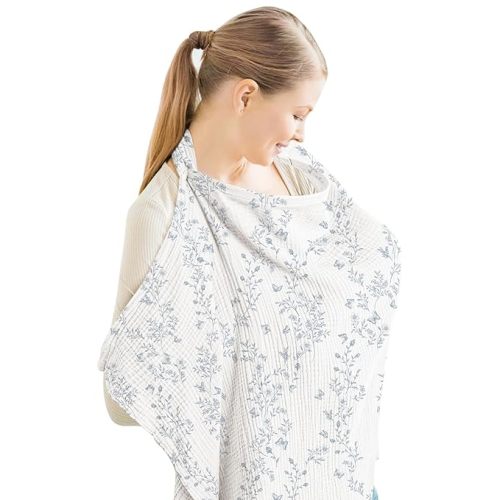 Konssy Muslin Nursing Cover for Baby Breastfeeding, Breathable 100% Cotton Breastfeeding Cover with Rigid Hoop for Mother Nursing Apron, Multi-use Carseat Canopy (Blue Sprig)