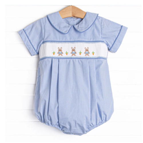Peter Cottontail Smocked Bubble, Blue Gingham