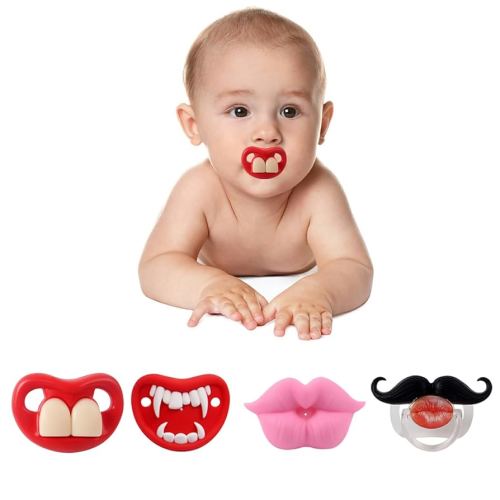 4-Pack Funny Baby Pacifier, Cute Kiss Lips Mustache Binkies, Fake Big Teeth Binky Bucktooth Halloween Pacifiers for Babies 0-36 Months, Silicone Nipple Baby Binkies, BPA-Free, Gift for Infants