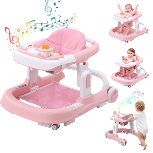 4-in-1 Baby Walker with Wheels, Adjustable Height, Music and Light for Girls Boys Infant 6-18 Months,Pink