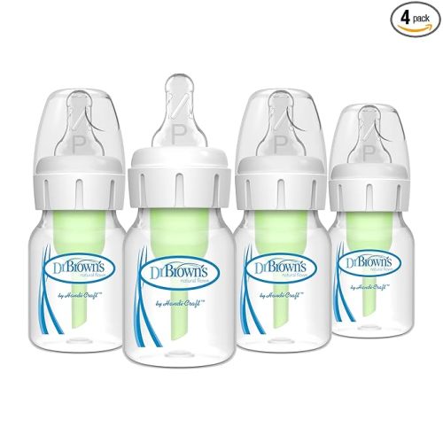 Dr. Brown's Natural Flow Anti-Colic Options+ Narrow Baby Bottle, 2 oz/60 mL, with Preemie Flow Nipple, 0m+, 4 Pack
