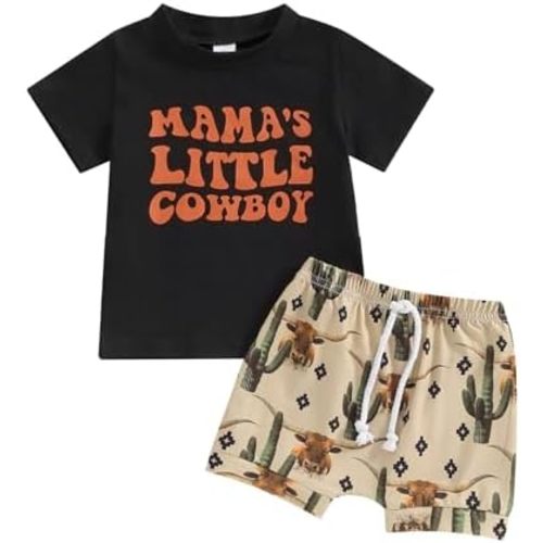 Infant Baby Boy Farm Clothes Western Cow/Animals Farm Themed Shirt Top Solid Short Pant 2Pcs Summer Short Outfits