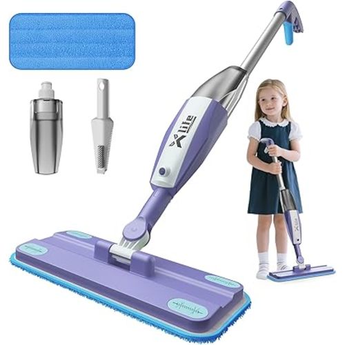 Xlife Kids Spray Mop & Sweeper Set Age 3-8 with Real Water Spray | Montessori Pretend Play Gift | Washable Microfiber Pads | Storage Hanger (Purple)